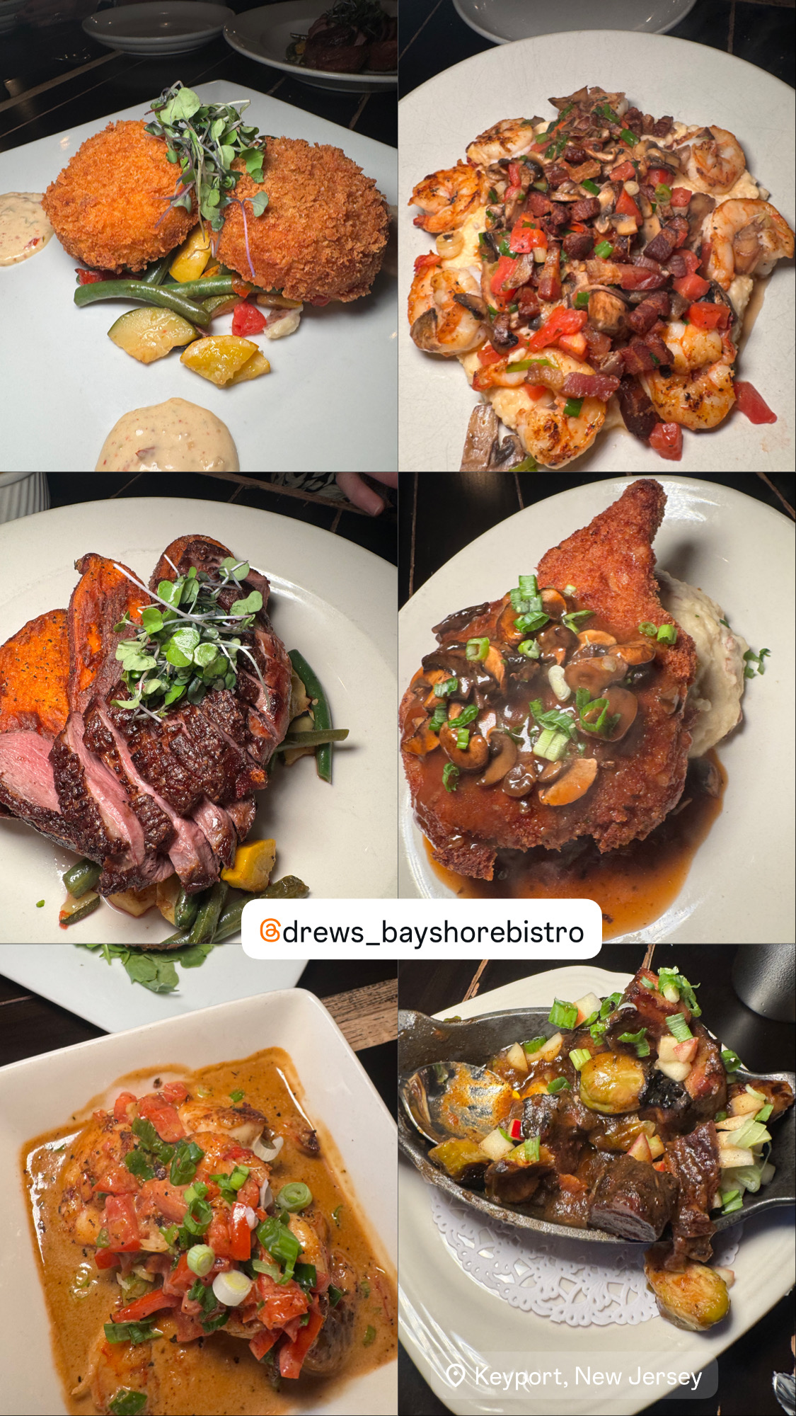 Jennifer’s dinner collage at Drew’s, showing crab cakes, flatbread, duck breast, pork, Voodoo Shrimp and pork belly
