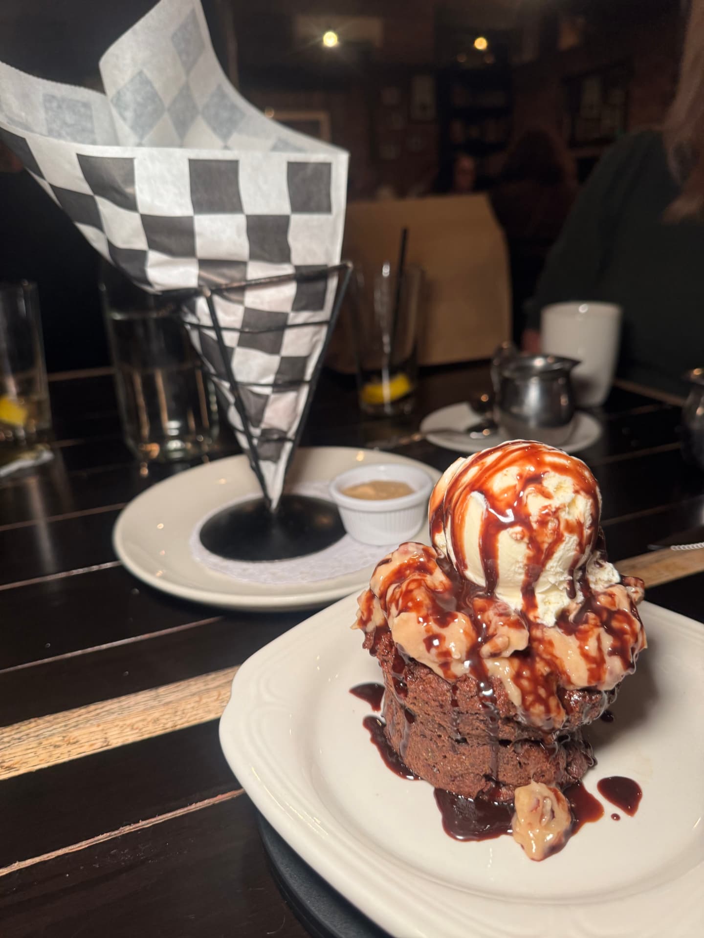 Chocolate bread pudding with German chocolate cake topping and ice cream at Drew’s