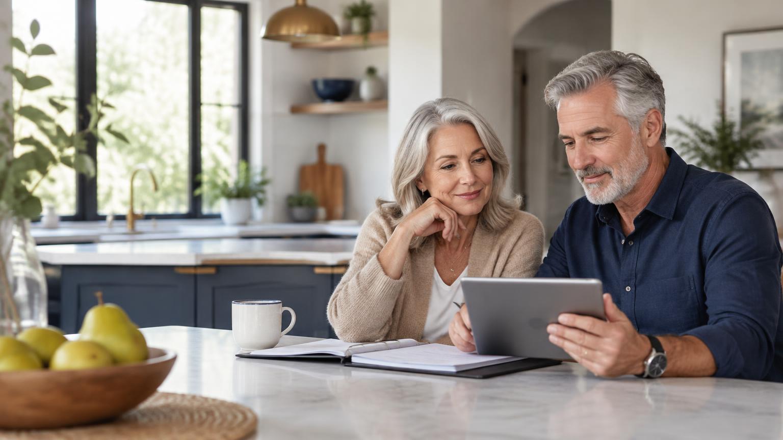 A retired couple reviewing their plans together at home